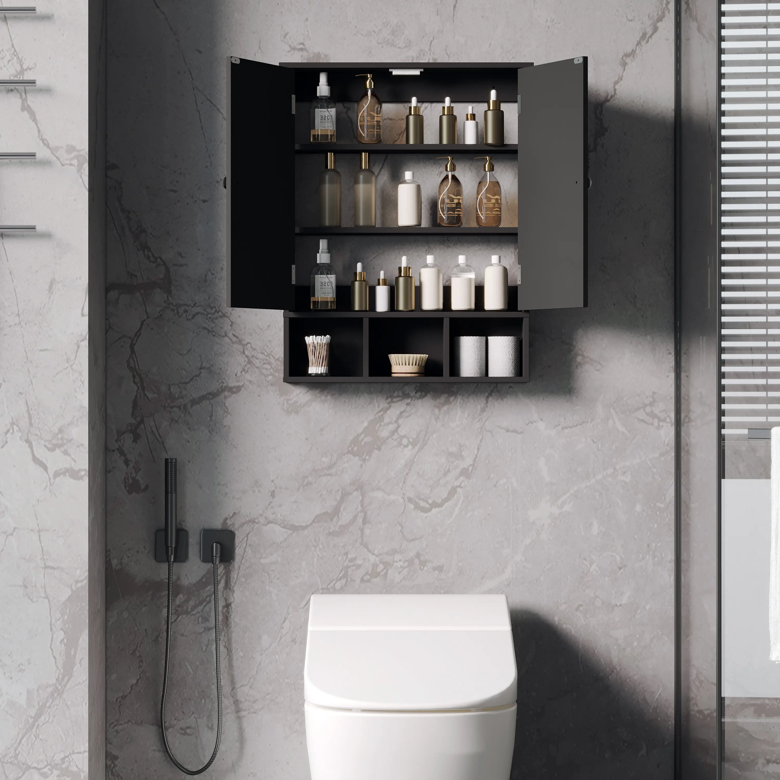 White Over-The-Toilet Wall-Mounted Floating Modern Storage Cabinet - Dual Storage Multi Purpose Bathroom Furniture with 2 Doors, Adjustable Shelves, Compact Organizer Shelf for Bathroom Upgrade, Laundry Room, Kitchen Furniture