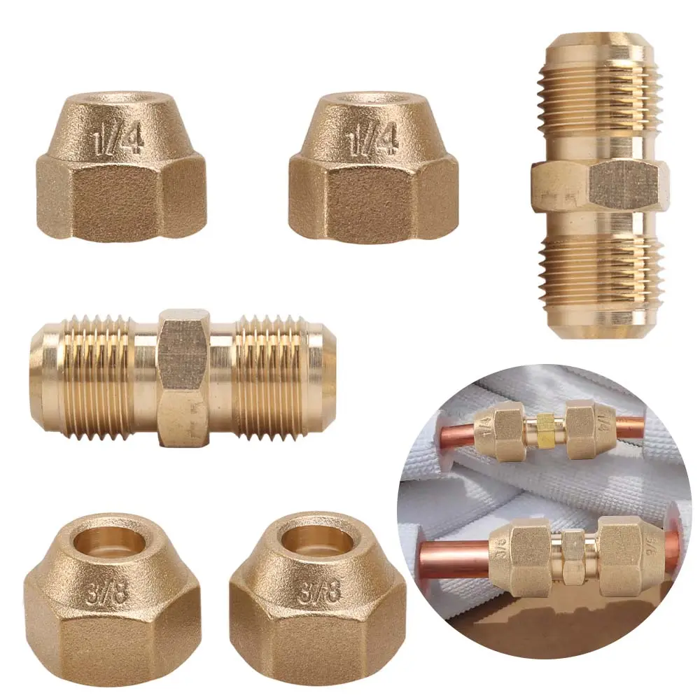 2pcs Brass Double Copper Fittings Set, 1/4"-3/8" BSP Inches Solderless AC Copper Pipe Nipples with Wrench-Tighten Connection Nut, Straight Universal Fittings for Air Conditioning, Refrigerant Lines