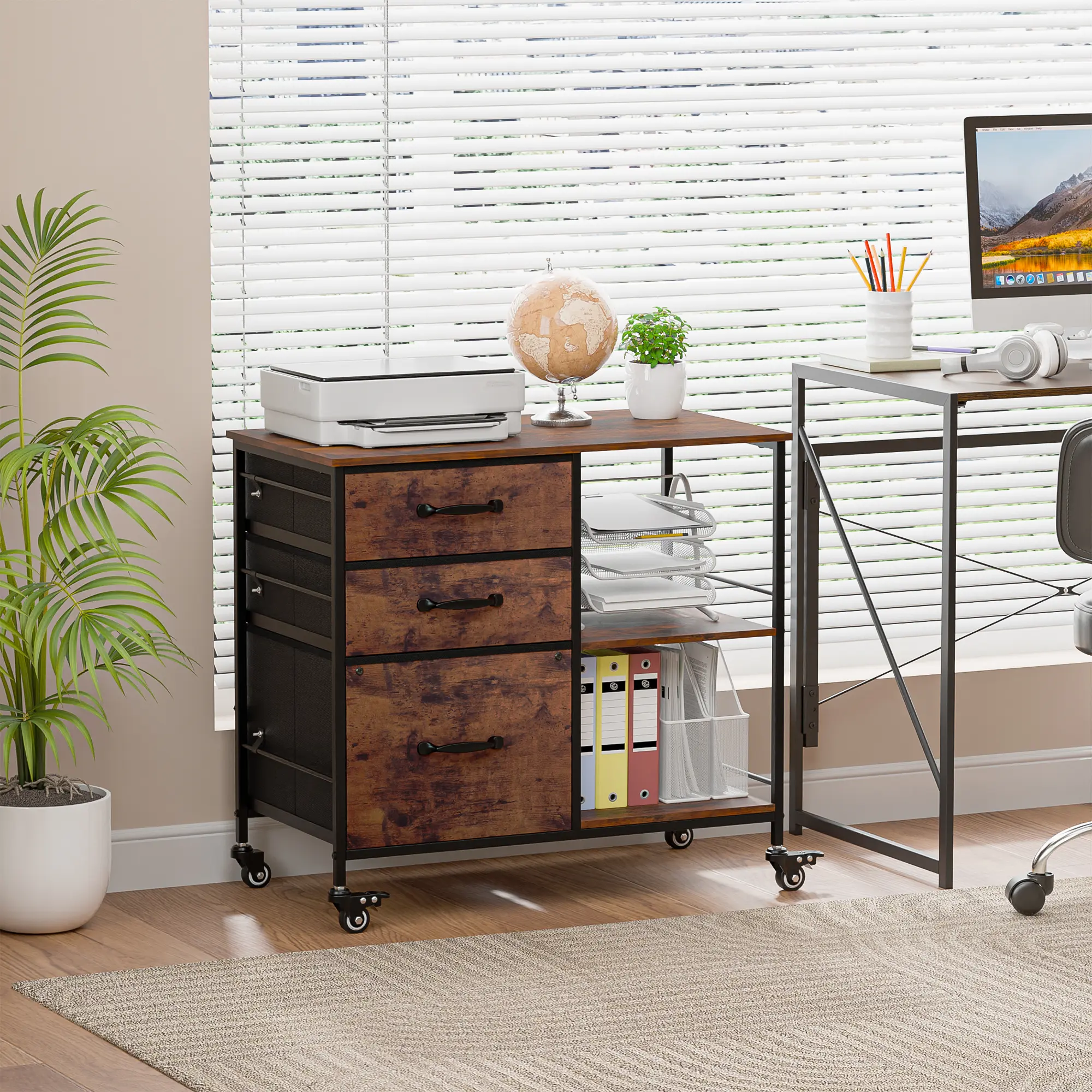 Segawe 3-Drawer Mobile Steel Frame File Cabinet - Rolling Casters, Open Storage Shelf, Printer Stand, Drawer Platform, Easy Setup Organizer Storage for Home Office, Sliding Desktop Drawers, Storage Drawer Platform
