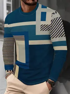 Men's Fashion Streetwear Digital Print Round Neck Long Sleeve T-Shirt, Classic Casual Geometric Patchwork Design, Fall New Versatile Bottom Layer Top Menswear