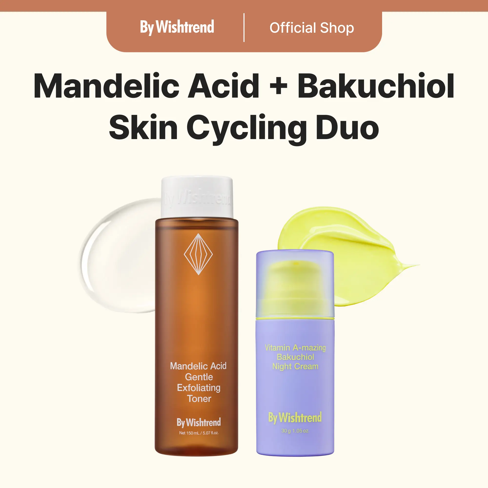 BY WISHTREND Skin Cycling Duo with 5% Mandelic Acid Gentle Exfoliating Toner & Vitamin A-Mazing Bakuchiol Retinal Night Cream