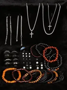 Men's Stainless Steel Jewelry Set, Geometric Pattern Cross Necklace & Leather Beaded Bracelet, Casual Daily Wear Versatile Accessories
