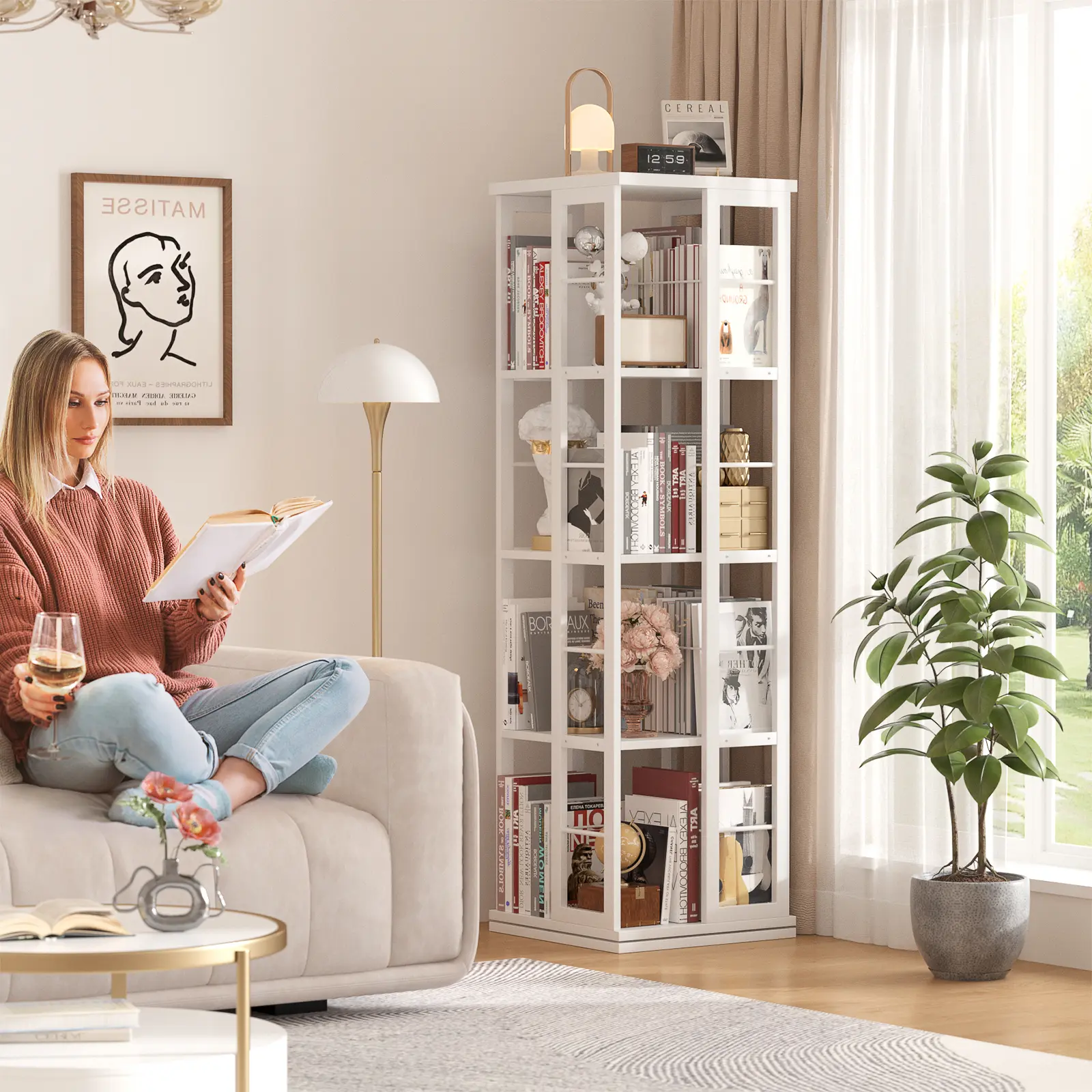 Rotating Bookshelf, Corner Bookcase, 360 Display Wood Spinning Bookshelves, Floor Standing Bookcase Narrow Shelf, 4 Tiers