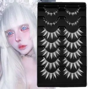 AUGENLI White Manga Lashes 7 Pairs – 16mm Spiky Anime False Eyelashes Kit with Upper & Bottom Lashes, Japanese Cosplay Doll Eye Look, Natural Manhua Makeup for Halloween false lashes