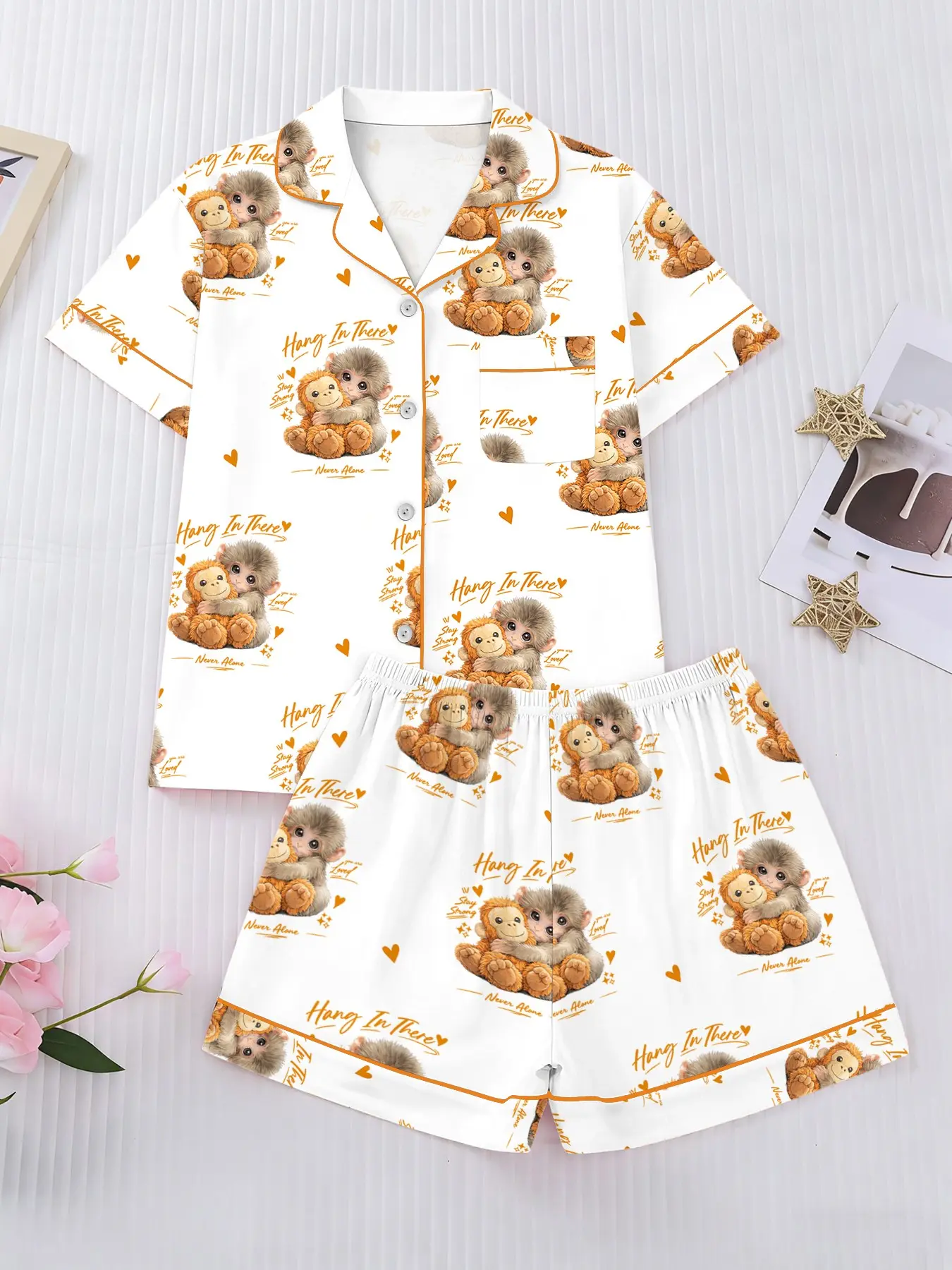 Women's Short Sleeve Monkey Punch Pajama Set, Shirt Collar Design, Elastic Waist Pants, Casual Comfortable Home Sleepwear Loungewear, All Seasons Pjs, Nightwear Loungewear Set