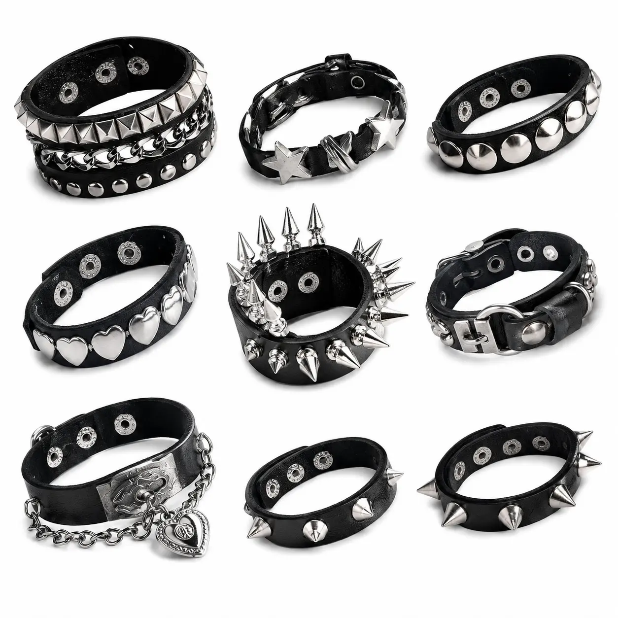 9-Pack Studded Punk Bracelets, Black PU Leather Gothic Cuffs for Men & Women, Adjustable Set for Halloween Cosplay