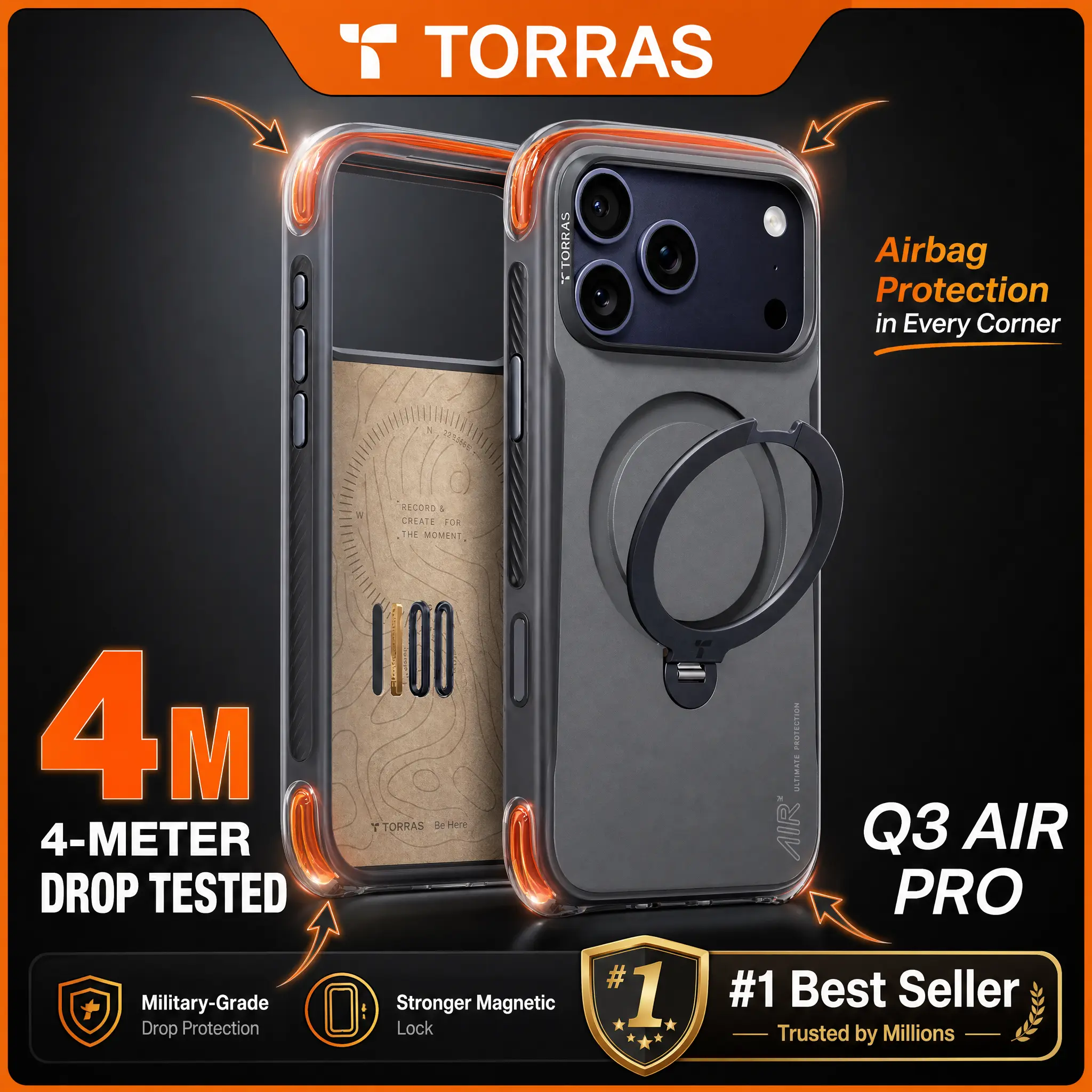TORRAS Q3Air Pro Sturdy Case for iPhone 17/16/15 Pro Max - 360° Ring Stand, Dual-Airbag Protection, 4-Meter Anti-Fall Shockproof Magnetic Mobile Phone Accessories