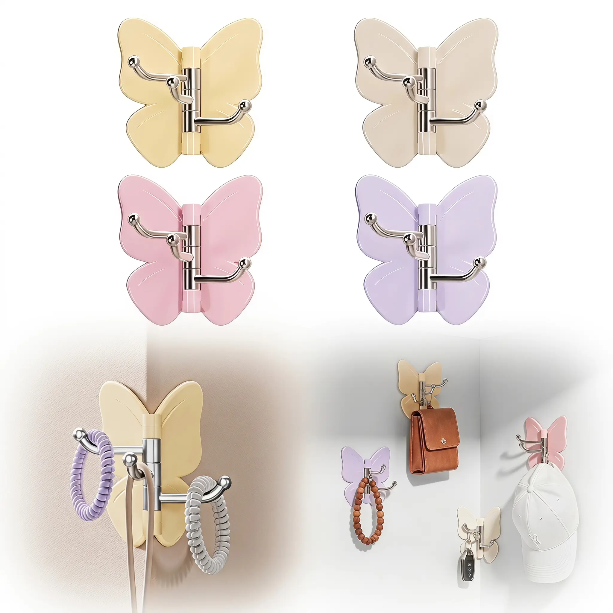 【DealsForYouDays】4-Pack Punch-Free Butterfly Rotatable Corner Hooks, Multi-Angle Fit 90°/180°/270° Walls, 3 Swivel Hanging Rods Self Adhesive Wall Hook for Towels Hats Keys Hair Accessories-YY