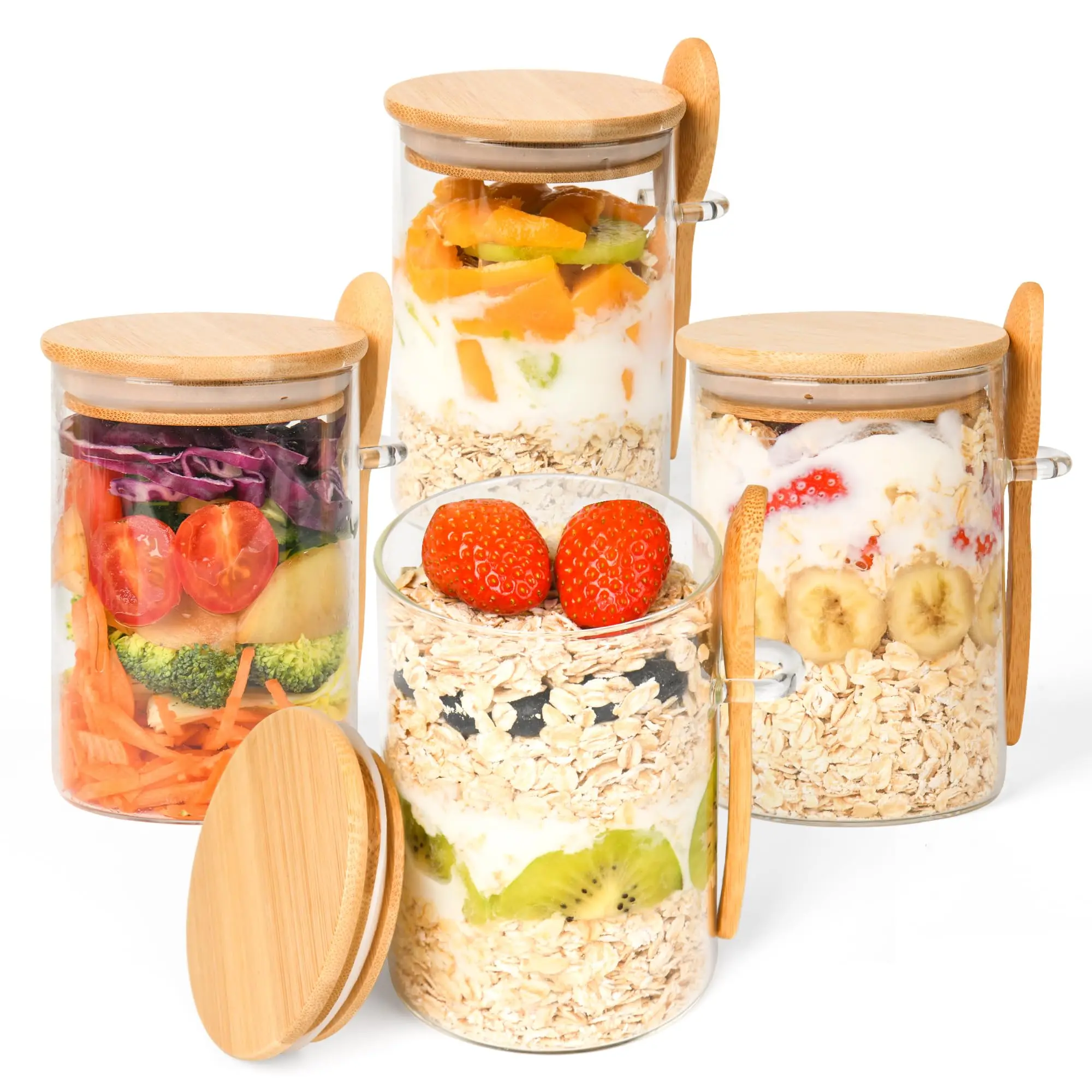 4 Pack Overnight Oats Containers with Lids&Spoons,16oz Overnight Oats Jars, Oatmeal Cups,Glass Meal Prep Containers with Lids,Salad Meal Prep Jar with Bamboo Lids for Chia Seed Pudding Salad Cereal Coffee Flour,Food Storage Kit Utensils