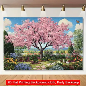 Summervibes 2D Flat, 2D Flat - 2D Flat, 2D Flat - A 2D Flat Banner Featuring a Cherry Blossom Garden Adorned with Rabbits And Butterflies, Perfect As a Spring Flower Bed Backdrop for Photography at Garde, Multicolor Print, Photo Backdrops,summervibes