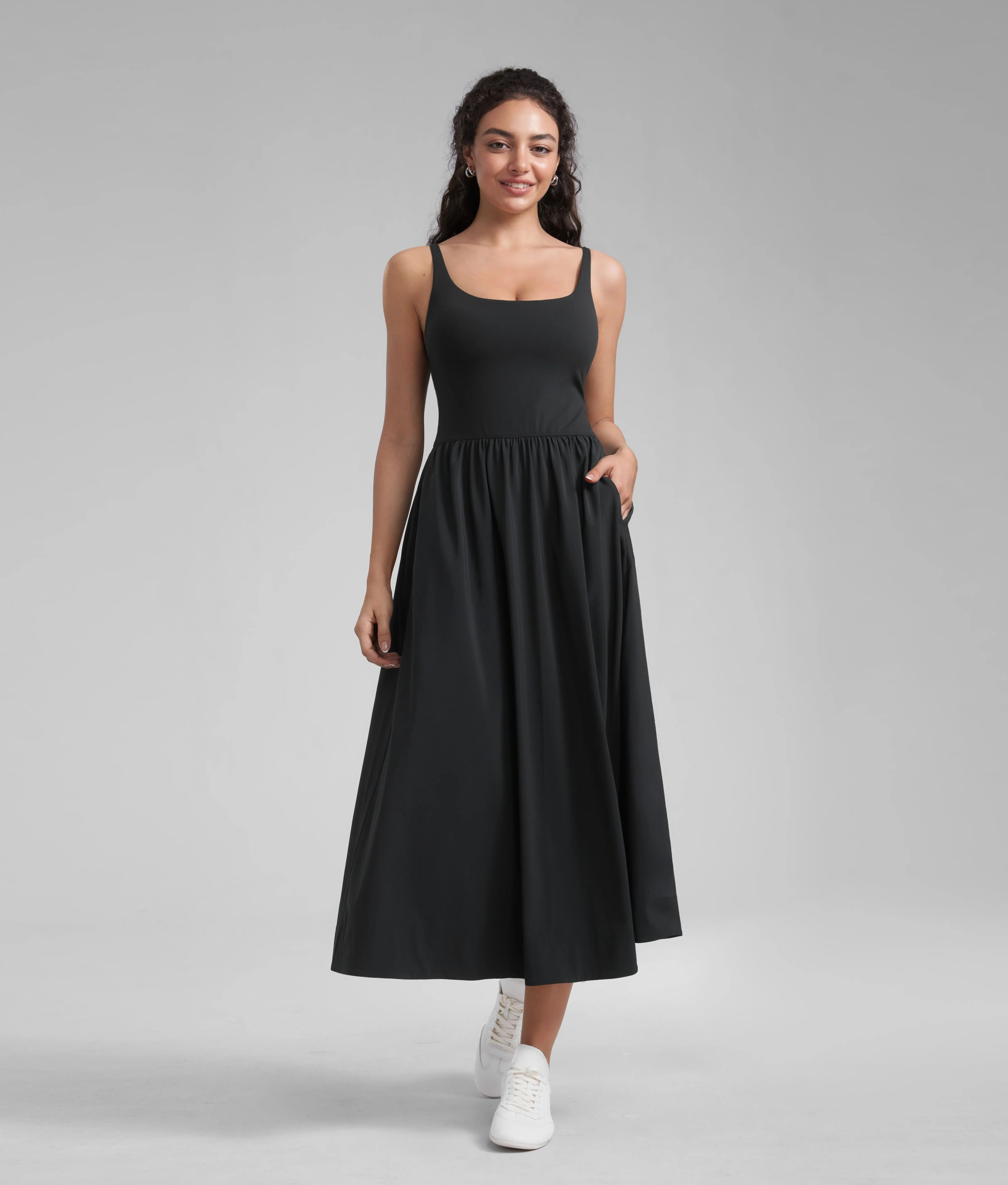 CRZ YOGA V Neck Maxi Tank Dress for Women - Adjustable Straps Sleeveless Flowy Casual Outfits with Two Side Pockets