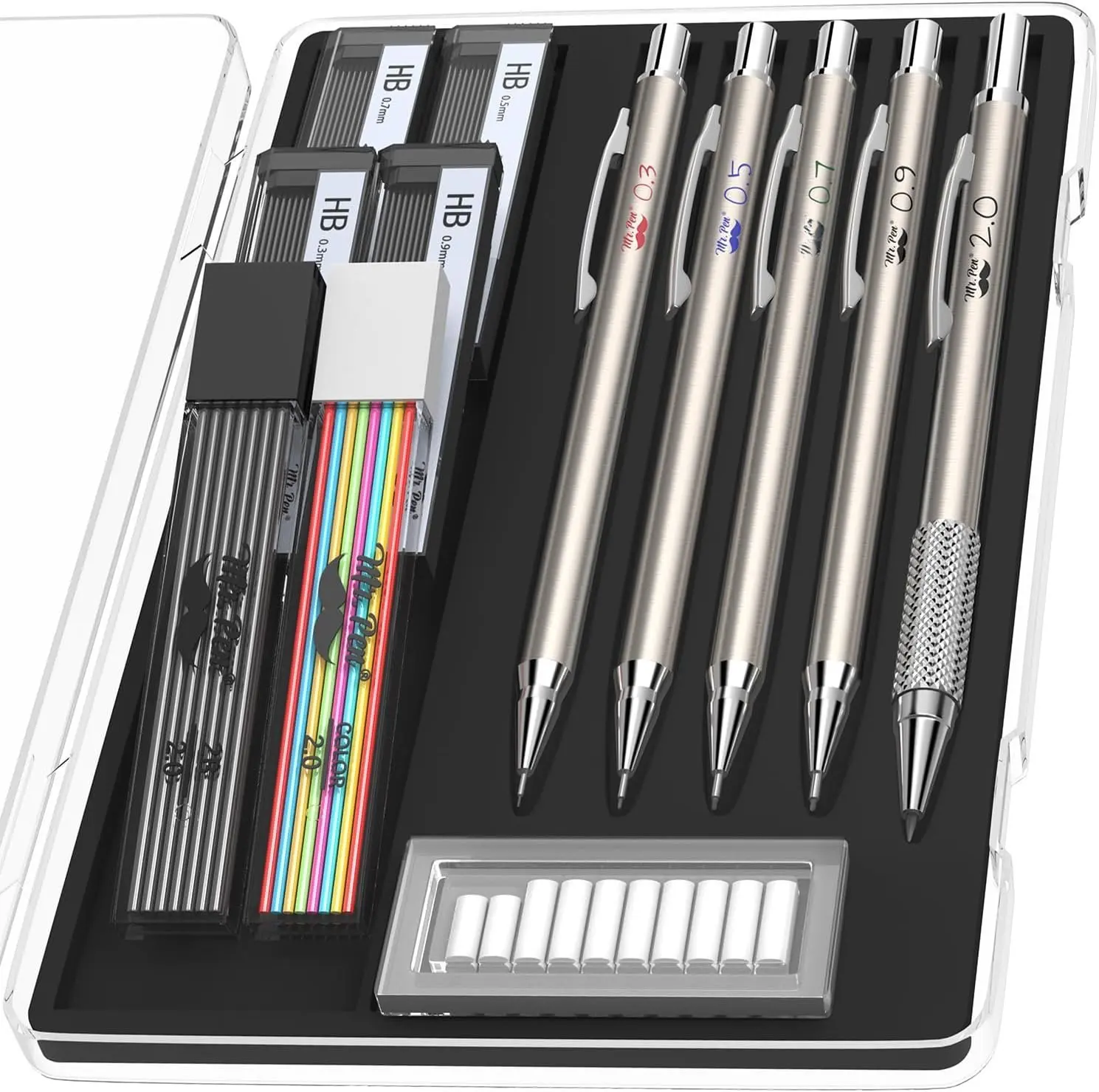 - Metal Mechanical cil Set with Lead and Eraser Refills, 5 Sizes, 0.3, 0.5, 0.7, 0.9, 2mm, Drafting, Sketching, Architecture, Drawing Metal Mechanical cils