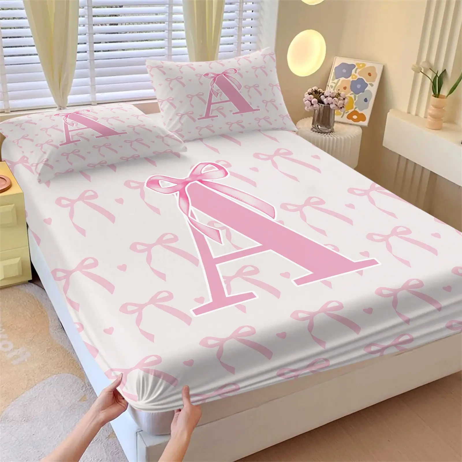 3Pcs Pink Bow Fitted Sheet Set, Soft Breathable Sheet, Custom Initial Sweet Print, Breathable Non-slip Fit, Ideal for Bedroom Dorm Home Decor