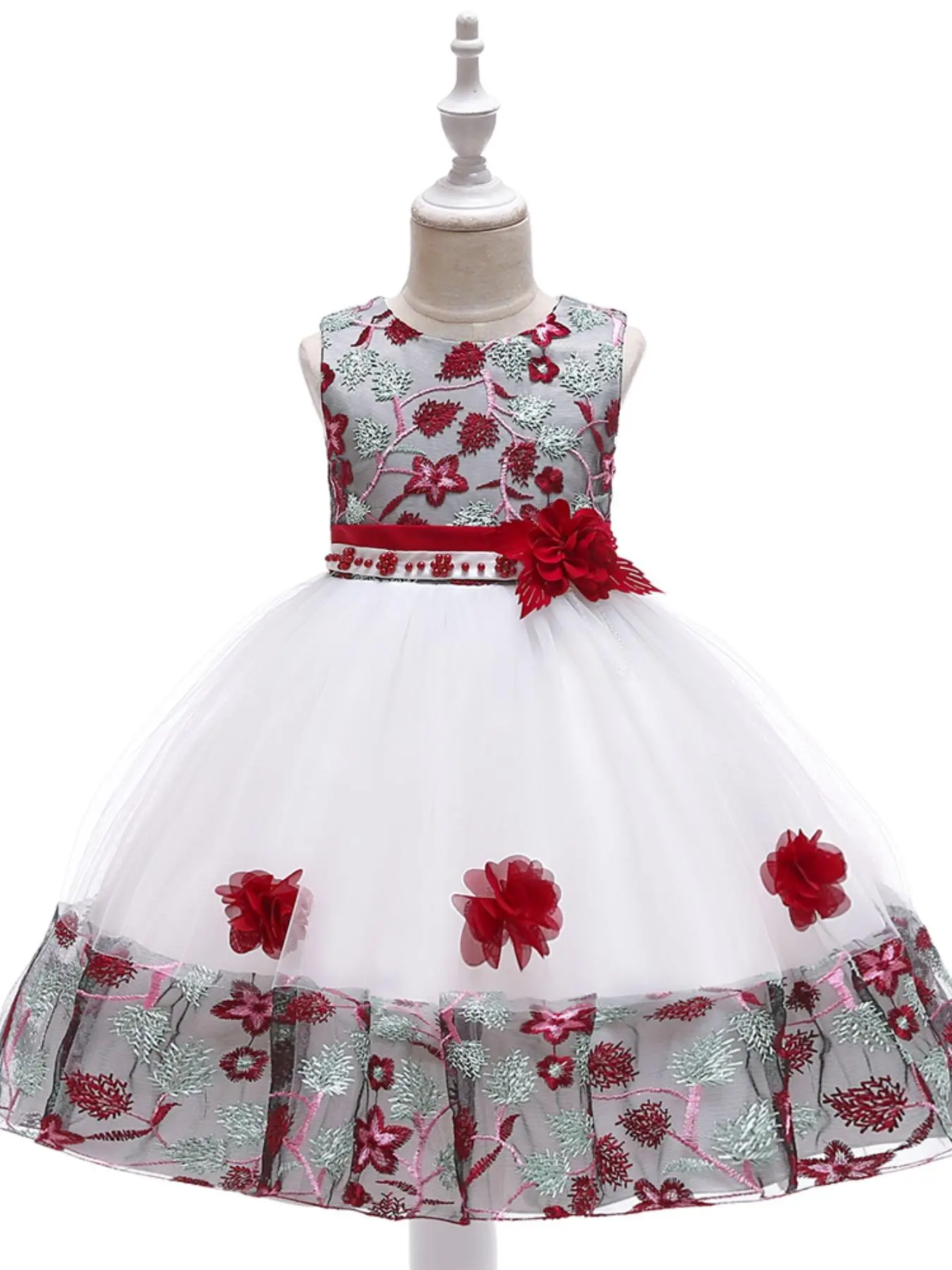Girl's Floral Embroidery Beaded Big Bow Party Embroidered Tulle Tutu Dress