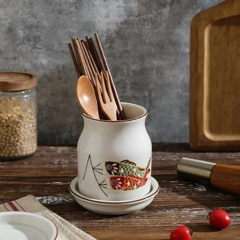 Creative Multi-Functional Ceramic Chopstick Holder, Drainage Chopstick Rack, Countertop Storage Cylinder, Kitchen Utensil Organizer