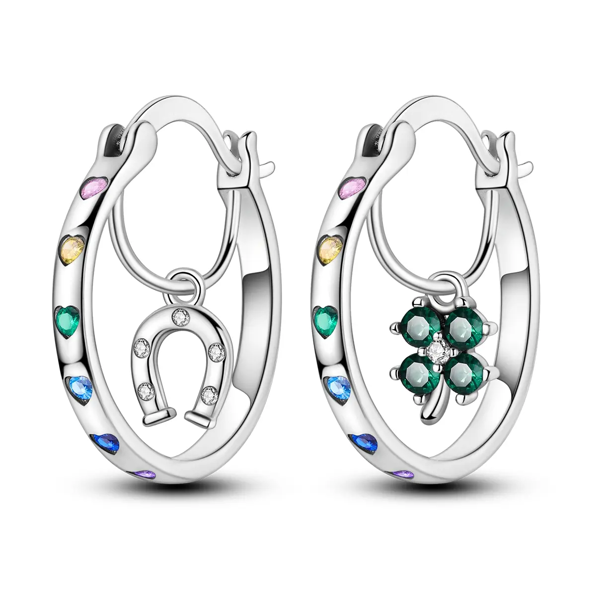 MULA Dangle Hoop Earrings, Asymmetrical Silver-Plated Style with Rainbow Accents & Lucky Charms, Hypoallergenic Casual Female Jewelry, Auspicious