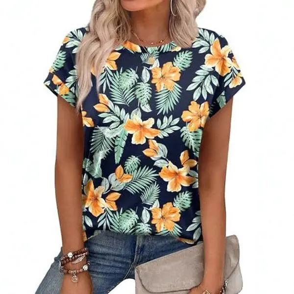 Womens Summer Tops Short Sleeve Shirts Crew Neck Cute Tunic