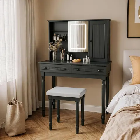 43'' Black Self-Assembled Makeup Vanity Desk with Rectangular Lighted Mirror, Stool Set, Stable Metal Base, Large Surface, Adjustable Brightness 3-Color LED Lights, Spacious Drawers, Cabinet, Heavy Duty