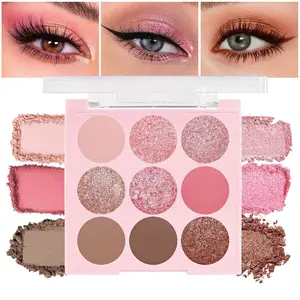 Pink Shimmer Eye Shadow Makeup Palette 9 Colors, Highly Pigmented Matte Glitter Shimmer Waterproof Party Sparkling Eyeshadow Palette Cosmetic Gift