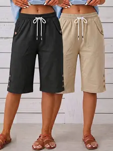 Women’s Bermuda shorts with elastic waistband and drawstring design, casual knee-length length, loose summer shorts with side buttons
