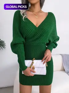 Women's Plain Wrapped V Neck Leg-of-mutton Sleeve Sweater Dress, Slim-fit Long Sleeve Bodycon Jumper Dress, Womenswear