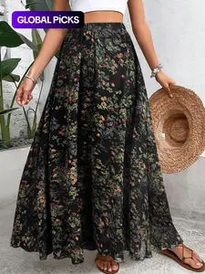 Women's Floral Print Skirt, Floral Pattern Skirt, Boho Casual Skirt, Elegant Chic Boho Bohemian Style Maxi Long Skirt for Beach Holiday Vacation, Lightweight Ladies Bottoms for All Seasons, Womenswear