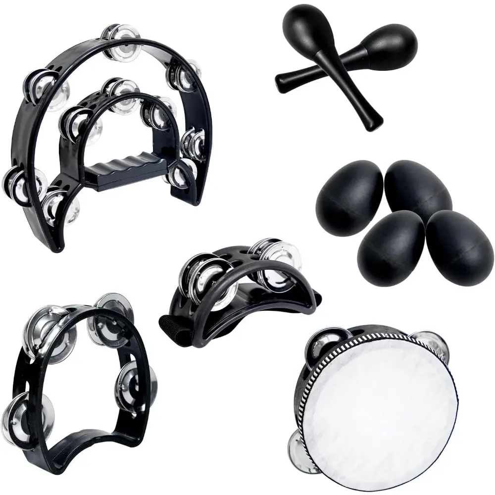 10 Pcs Tambourines for Adults, Metal Jingles Hand Musical Held Percussion Set Half Moon Tambourine Foot Tambourine Sand Hammer Wood Rhythm Sticks Egg Shakers for Music Party Supplies(Black)