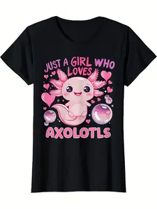 Kids Boys Girls Axolotl T-Shirt - Cute Axolotl Graphic Tee with Pink Hearts - Soft Everyday Shirt for Teens - Casual Birthday Outfit - Machine Washable Black Top, Playful Clothing, Fun Print, Breathable Material, Youth Apparel, Teen Fashion