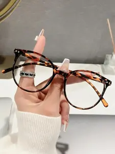 Women's Round Frame Anti-Blue Light Glasses, Leopard Print Fashion Daily Transparent Accessory, PC Material, Cute Style