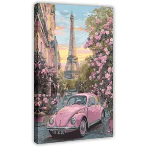 1pcs Framed Dreamy Valentine's Day Wall Art Pink Car Street Flowers Blooming Picture Printed on Canvas Romantic Paris Wall Decor Artwork for Home Office Wrapped Canvas 08x12inch(20x30cm)