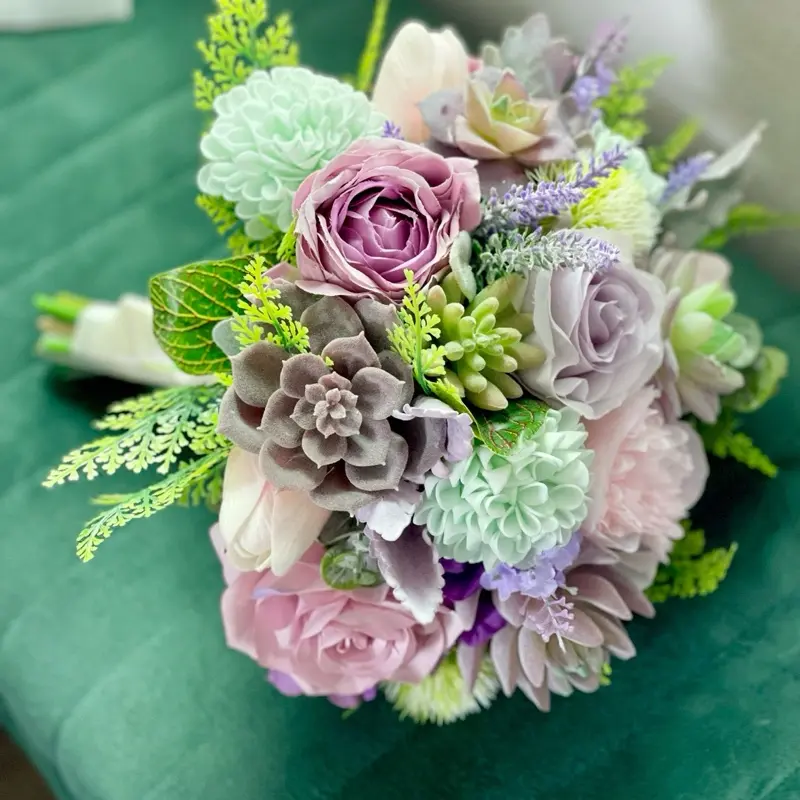 6-Piece Wedding Bouquet Set - Artificial Bridal & Bridesmaids Bouquets with Succulents Pink & Lavender for Elegant Decor