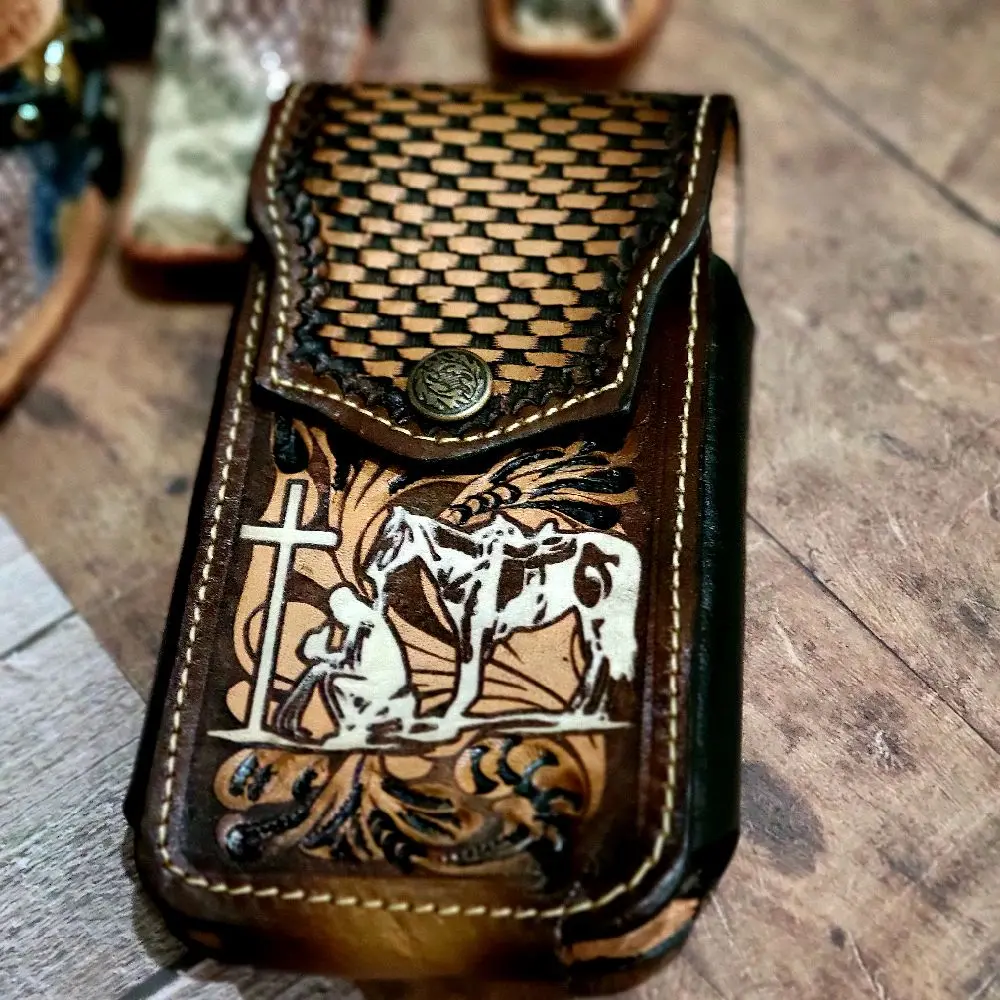 Praying Cowboy Western Phone Holster Genuine Leather Phone Belt Holster  Hand Tooled button closure Handmade in Mexico Durable Craftsmanship Authentic Style