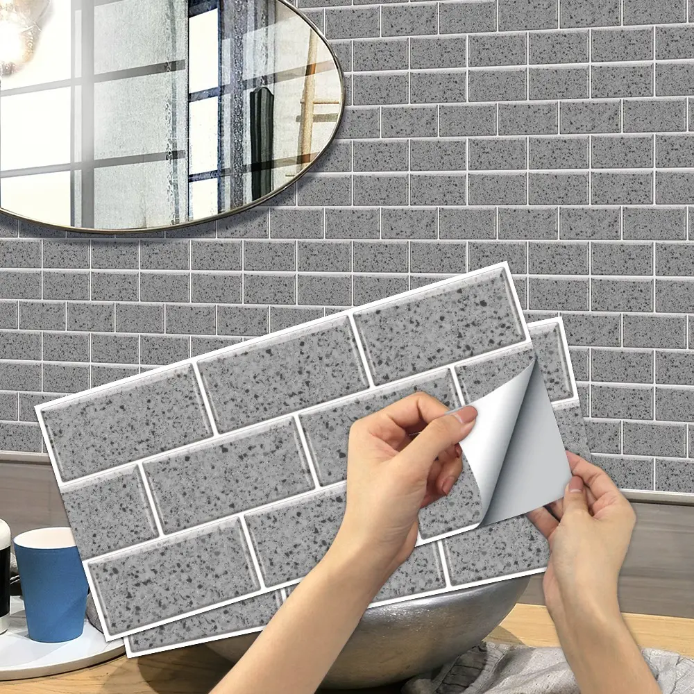 6/12/24/48 PCS FG Retro Tile Stickers Light Grey Granite Pattern PVC Crystal Film Self-Adhesive Waterproof Oil-Proof Splashback for Kitchen Bathroom Floor Tile Wood Home Decoration