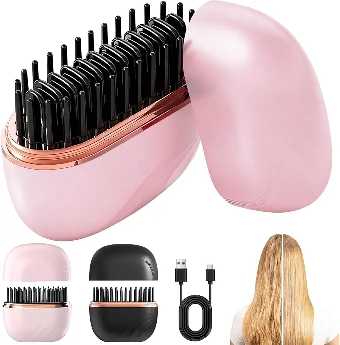 Cordless Hair Straightener Comb, Styling Detangling Brush Smooth Frizz-Free | Rechargeable Straightening for Bangs Portable Hairs Iron Heated Compact Mini Travel Flyaways Tools(Pink)