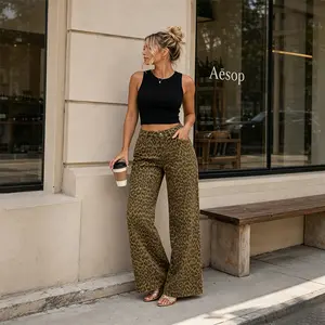 Women's High Waisted Leopard Wide Leg Jeans - Vintage Washed Straight Leg Denim Pants mother plus size clothing brand always fit