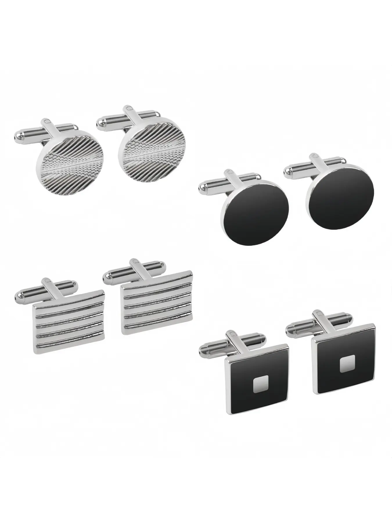 Men's 8-Piece Classic Tone Cufflinks Set - Men's Accessories with Silver Striped, Textured Disc, Square, Rectangle Designs, Modern Unisex Cuff Links for Wedding, Business Styling
