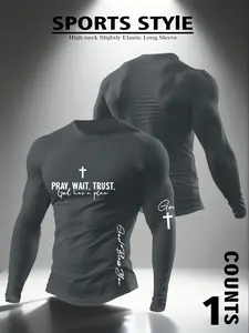 Men's Crew Neck Fitted Long Sleeve T-Shirt Cross & 'PRAY WAIT. TRUST.' Screen Printed Apparel Moisture-Wicking Compression Shirt, Athletic Sports Clothing, Faith-Based Casual Tee Athletic Workout Gym Top Everyday Streetwear Body-Hugging Fit