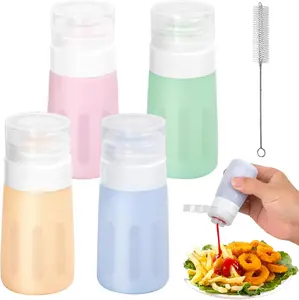 MECHEER 4Pcs Mini Condiment Squeeze Bottles 2 Oz for Kitchen Sauces Salad Dressing Container Utensils Portable Travel Size Silicone Bottles with Lids Brush for Ketchup Hot Sauce Lunch Modern Refillable Oil Dispenser Set