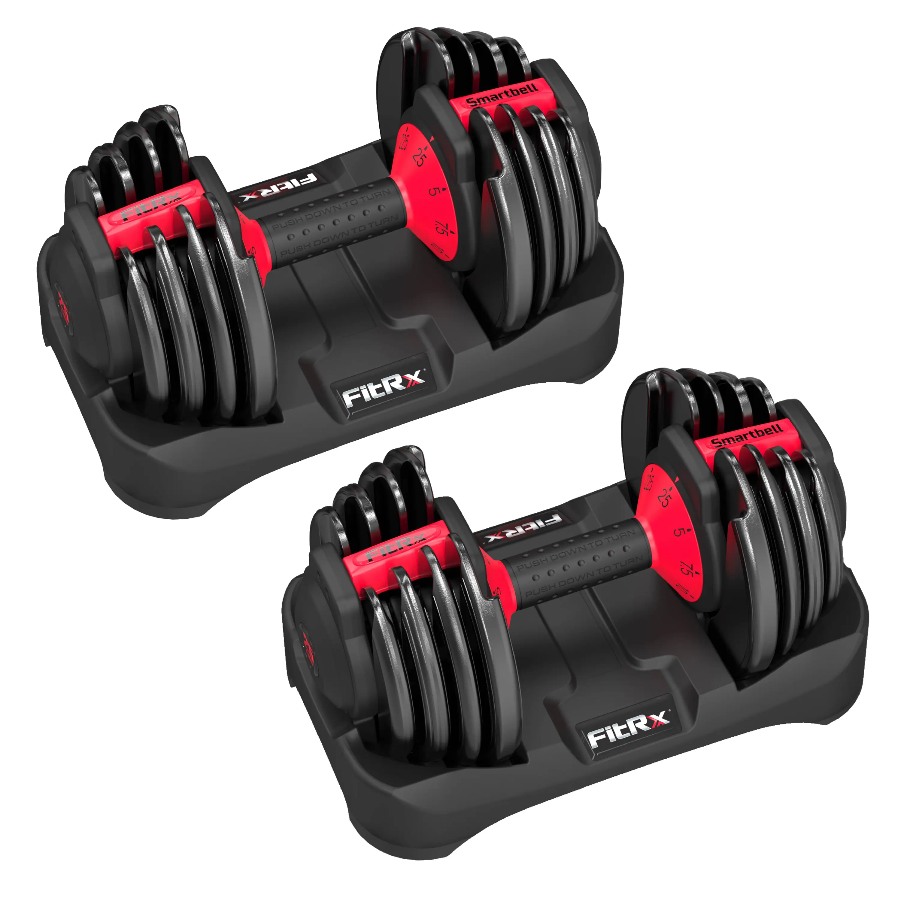 FitRx SmartBell 2-Pack, Two 25lbs. Quick-Select 9 in 1 Adjustable Dumbbell for Home Gym, 5-25lbs. Weight in 2.5lbs Increments