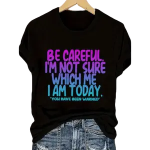 Women's Plus Size Humorous Graphic Tee, Colorful Letter Print, Loose Short Sleeve Black Casual Summer Top, Machine Washable