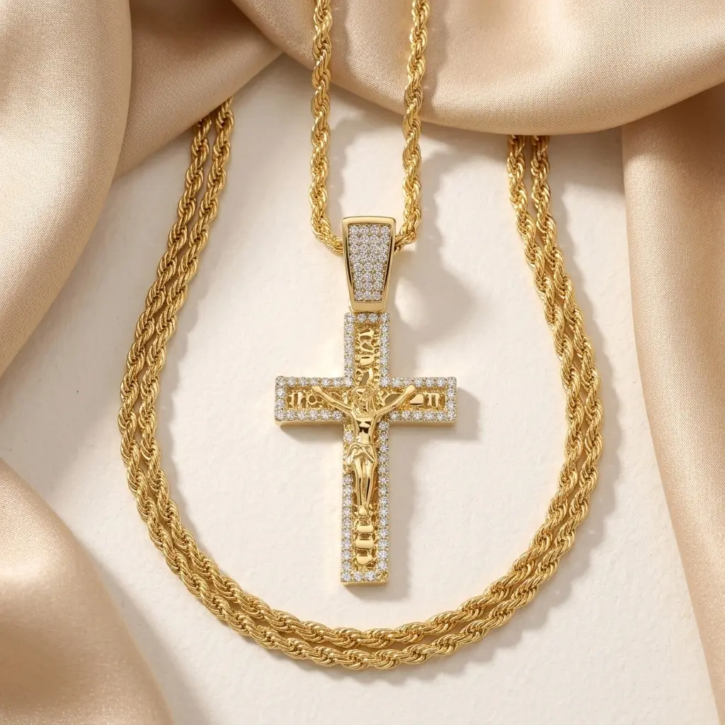 Iced Medium Crucifix Nugget Pendant with 4mm Rope Chain