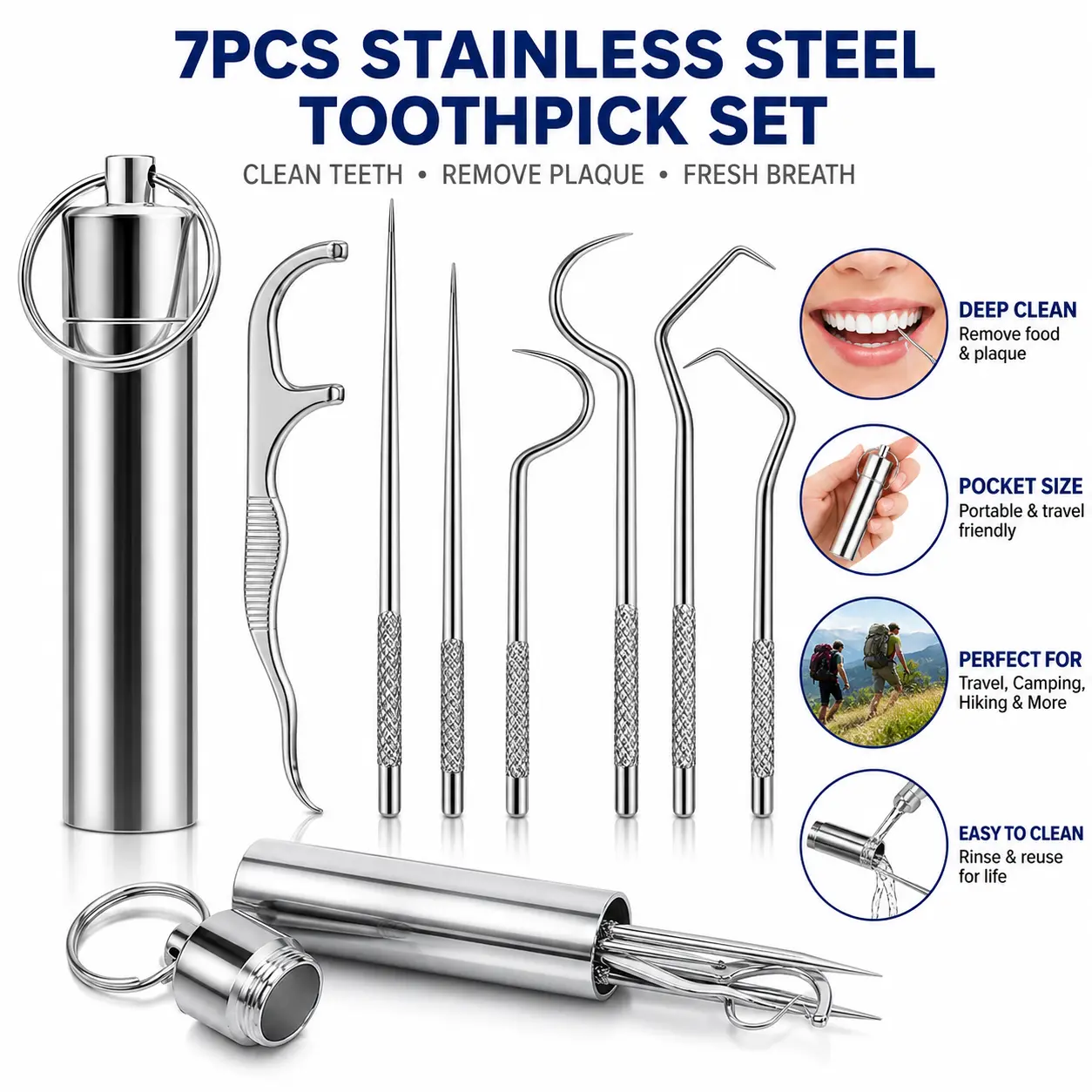 Dental Kit Tools, 7 Pack Stainless Steel Plaque Remover, Dental Tools to Remove Plaque and Tartar, Oral Care Kit with Plaque Cleaner, Tartar Pick, Tooth & Tongue Scraper for Dentist, Personal, Family