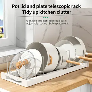Adjustable Expandable Cookware Organizer – 7 Stainless Steel Dividers for Cabinets, Perfect for Pot Lids & Baking Trays, White Kitchen Storage Rack