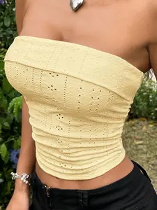 Butter Yellow Eyelet Lace Tube Top Coquette Aesthetic Y2K Ruched Strapless Crop Top European Summer Boho Chic Dainty Pointelle Top Festival Outfit Snatched Fit Bandeau Slimming Fairycore Soft Girl Style Pinterest Viral 2026 Summer Fashion