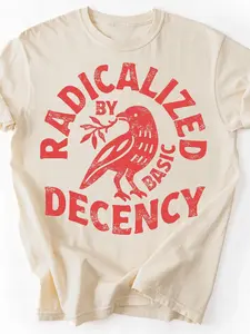 Unisex "Radical for Basic Goodwill" Retro Raven Print T-Shirt, distressed style, soft cotton, suitable for teenagers, young adults, casual parties, and progressive activities.