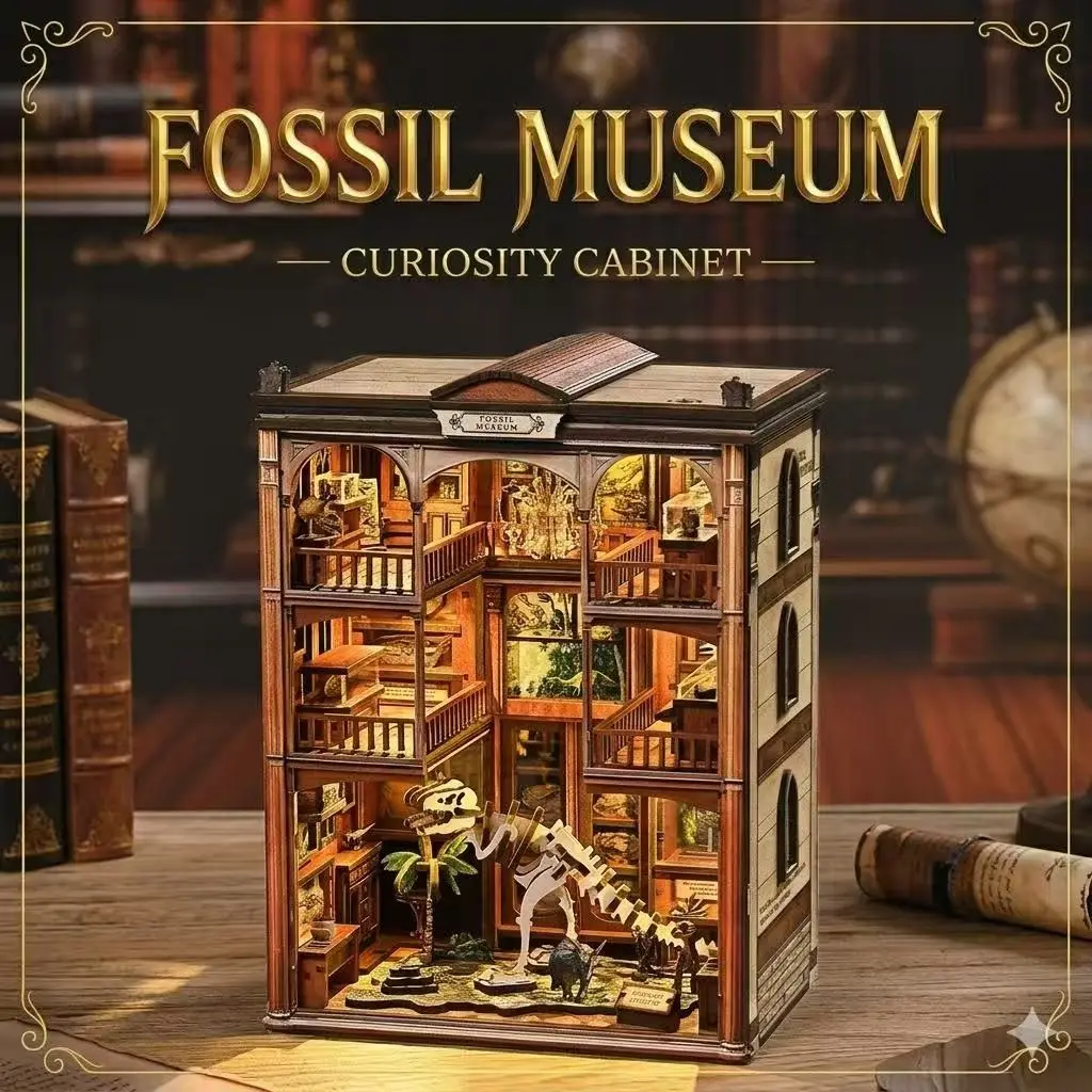 Dinosaur Fossil Museum DIY Book Nook Kit - LED Glowing Miniature Dollhouse 3D Wooden Puzzle for Bookshelf Decor & Unique Gift