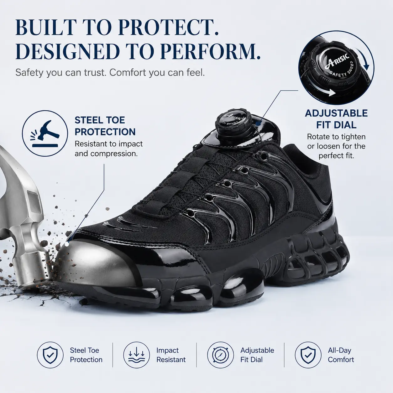 Men's Steel Toe Cap Work Safety Sneakers - Rotating Lace, Breathable Mesh Low Top, Puncture-Resistant All-Seasons Footwear for Construction Work