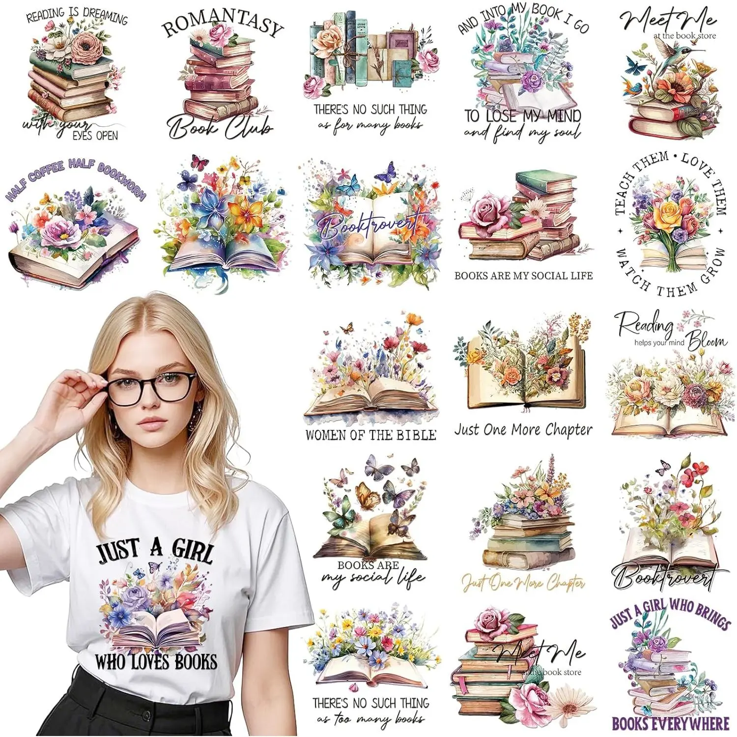 Book Lover Transfer Stickers - 20 Sheets Flower Iron on Transfers Heat Ready to Press Patches for T-Shirts Women Clothing Decals DIY Crafts Clothes Hat Pillow Backbpack Decorations Appliques