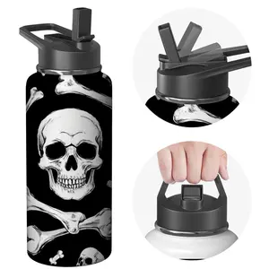 Stainless Steel Water Bottle with Flip Lid - Black and White Skull and Crossbones Design - Outdoor Sports and Everyday Use