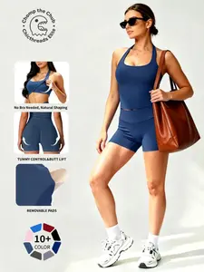 Women's Two-Piece Set, Solid Color Halter Top & High Waist Shorts, Sporty Breathable Quick-Dry for Yoga Gym Workout Running, Summer Fitness Outfit, Summer Sportswear, Gym Workout Clothes, Athletic Outfits